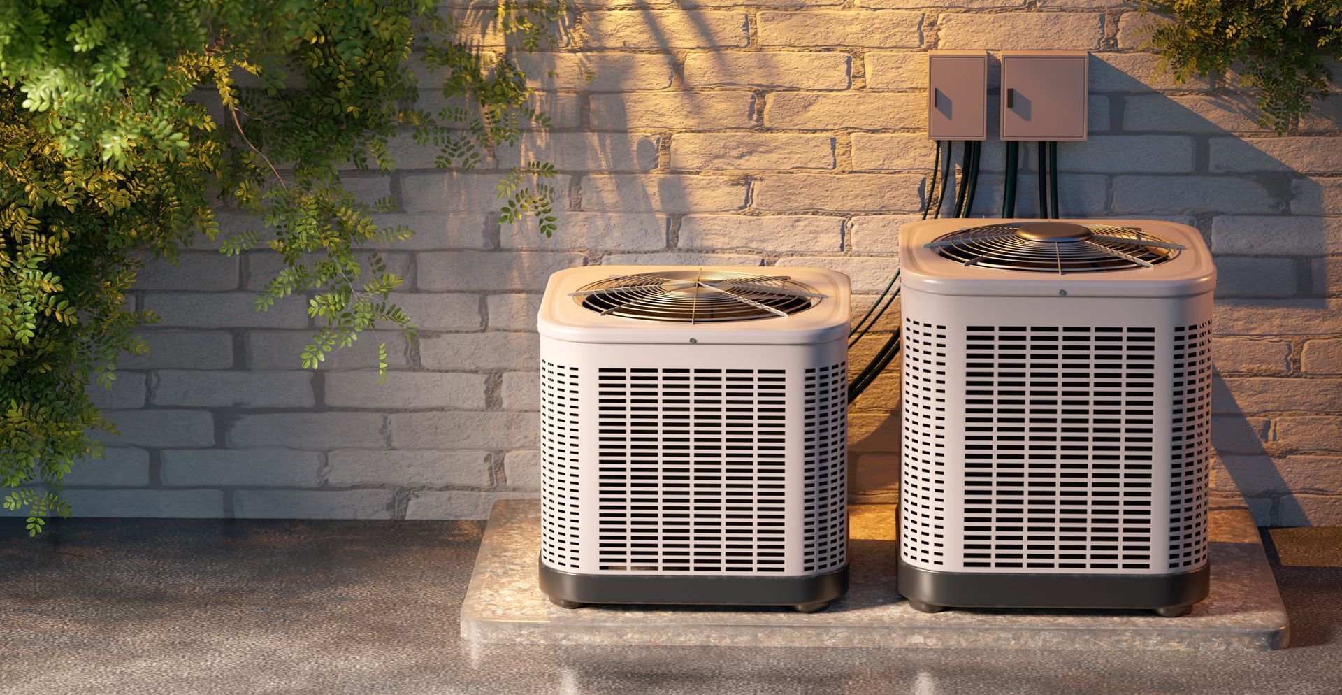 Two residential HVAC units sitting on a concrete pad against a brick wall, next to green foliage.
