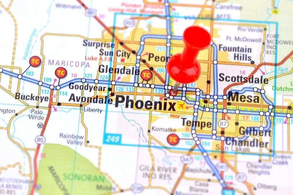 A map of phoenix with a red pin on it.