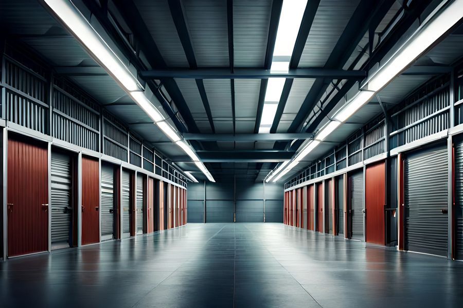 An empty warehouse with a lot of doors and lights.