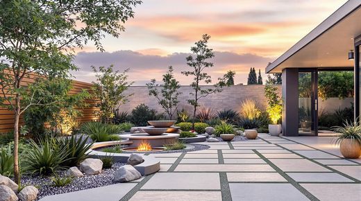 A modern backyard patio with rectangular stone pavers, a small fire pit, potted plants, and trees at sunset.