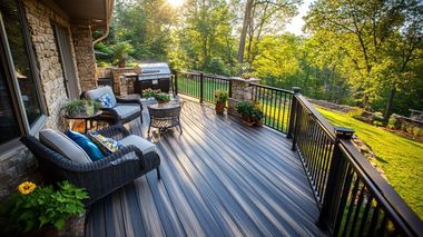A sunny backyard deck featuring dark wicker patio chairs, a small table, and a grill, overlooking a lush green hillside.
