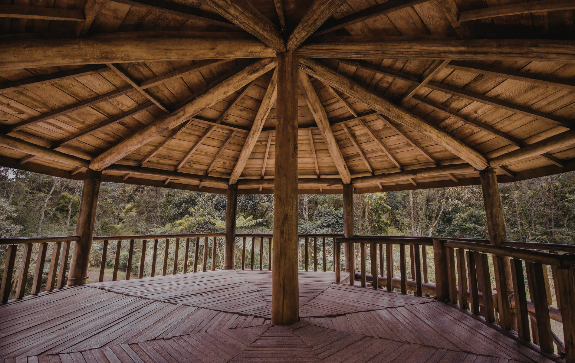 A rustic, octagonal wooden gazebo with a central support pillar, looking out onto a wooded forest area.