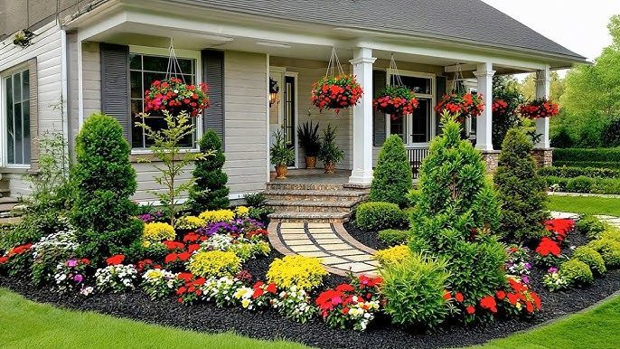 A tan house with a covered porch features a colorful front garden with evergreen shrubs, yellow, red, and purple flowers.
