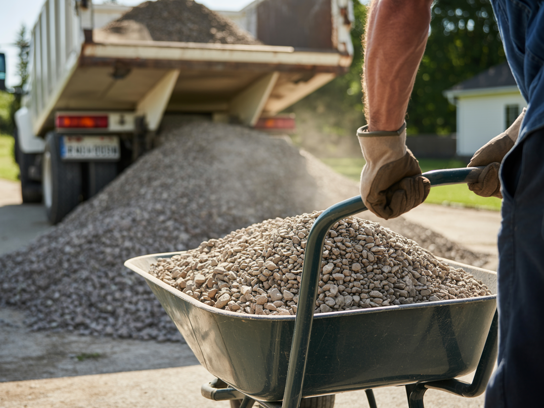 Worker pushing a wheelbarrow of gravel beside a dump truck at a construction site