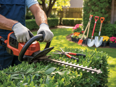 Person using a red chainsaw to trim dense green hedges in a garden, with shovels in the background