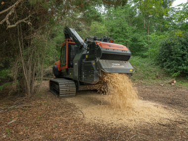 Tracked wood chipper blowing mulch onto a forest path