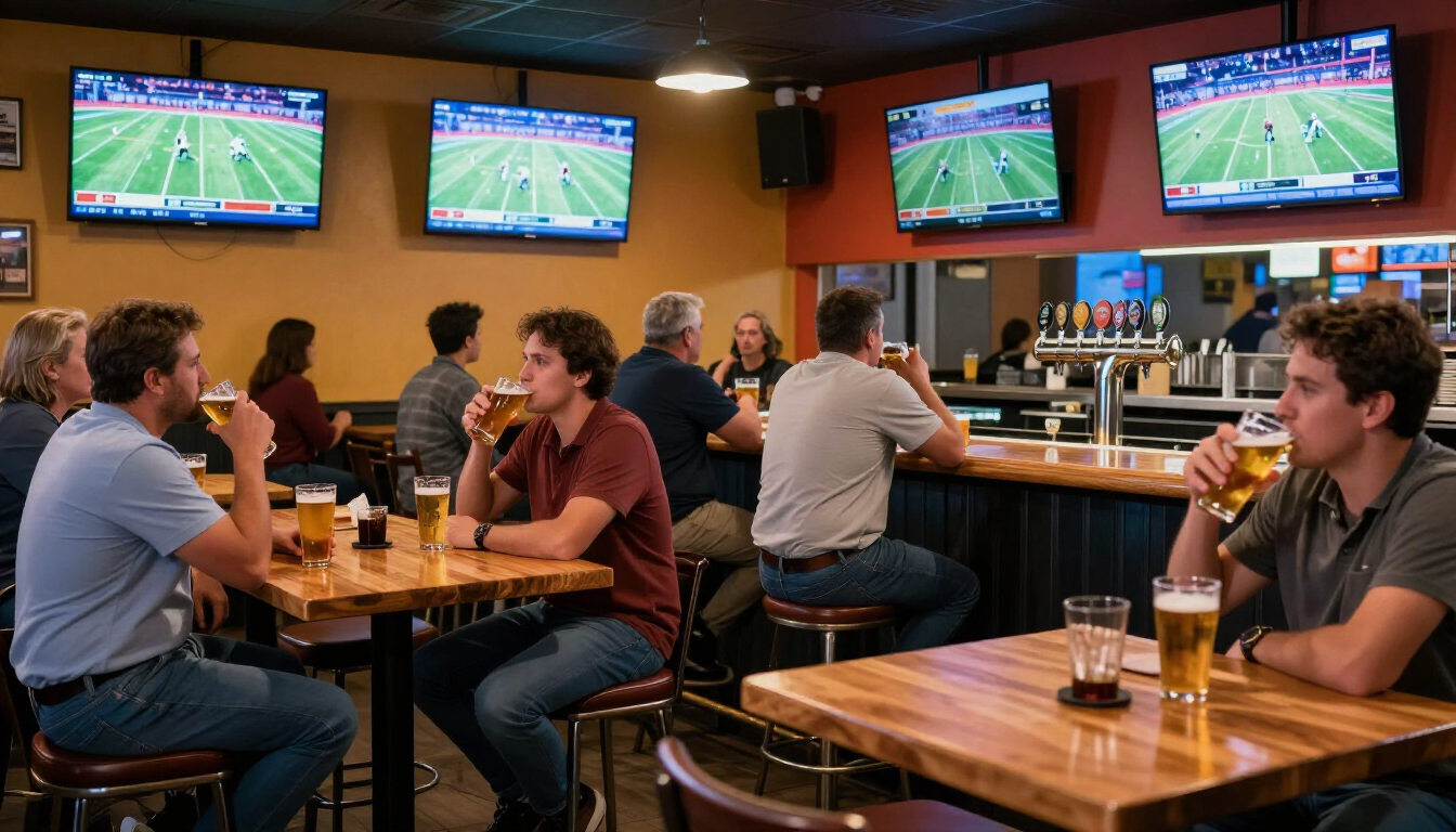 Kufel piwa rzemieślniczego na tle ekranu z meczem piłki nożnej w pubie w Wilanowie.