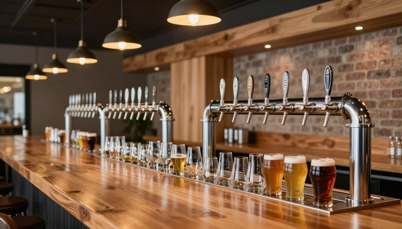 Zestaw różnych szklanek z piwem rzemieślniczym na drewnianym barze