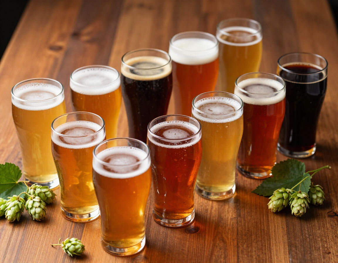 Zestaw szklanek degustacyjnych z różnymi rodzajami piwa