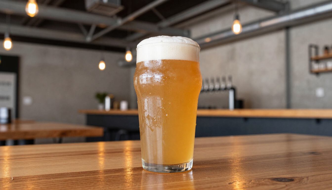 Kieliszek świeżego piwa IPA na drewnianym barze w Taproom Wilanów