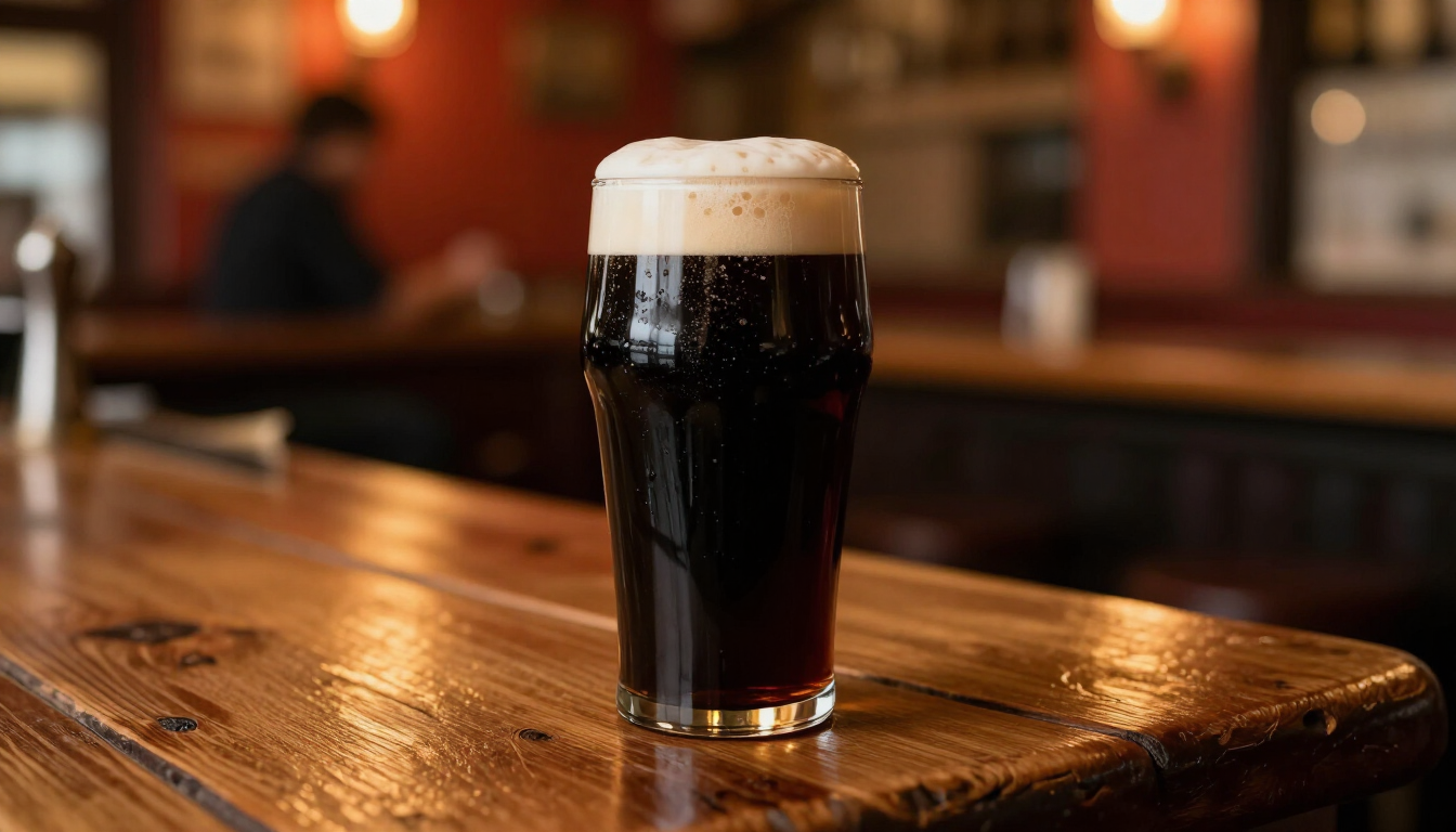 Szklanka ciemnego piwa stout z gęstą pianą na barze.