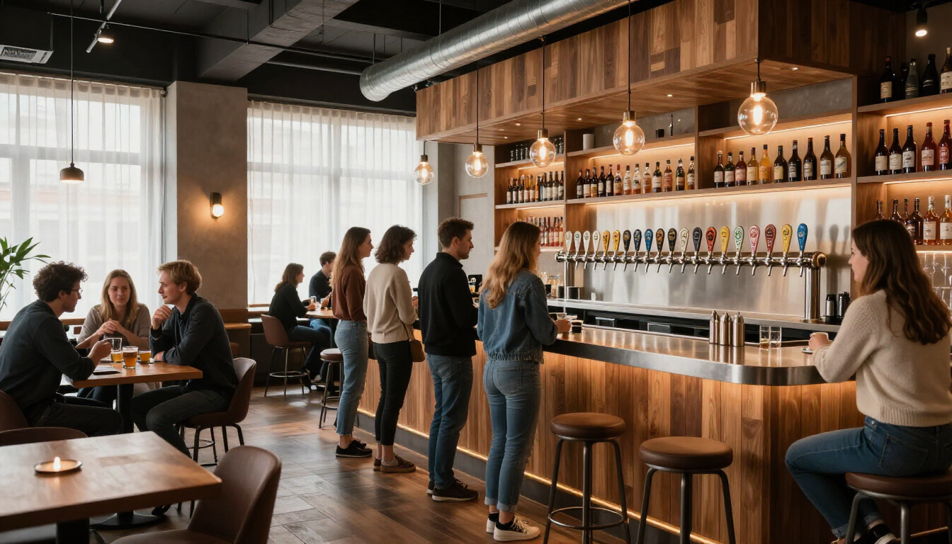 Wnętrze nowoczesnego taproomu w Wilanowie