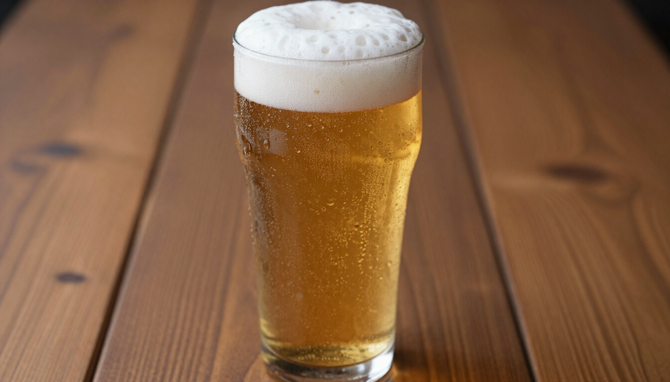 Kufel złocistego piwa lager na drewnianym barze w Taproom Wilanów