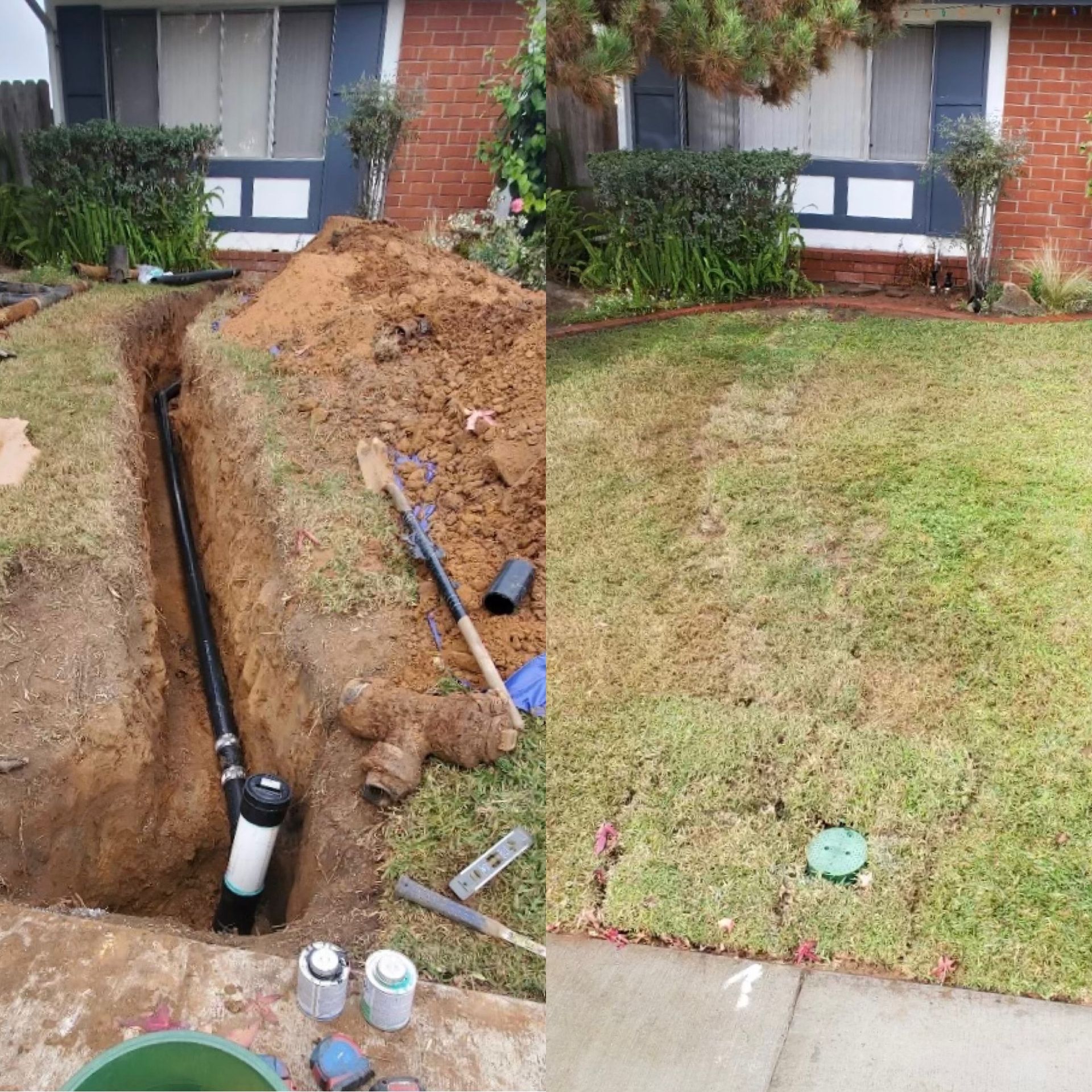 a before and after picture of a drain pipe being installed in a yard .