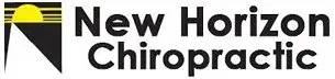 The logo for new horizon chiropractic has a yellow sun on it.