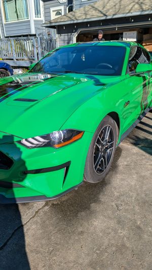 A bright green Ford Mustang parked on a residential driveway on a sunny day.