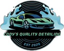 Logo for "Cody's Quality Detailing" featuring a teal sports car surrounded by water splashes, set against a dark circle.