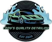 Logo for "Cody's Quality Detailing" featuring a teal sports car surrounded by water splashes, set against a dark circle.