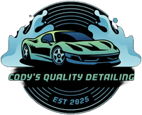 Logo for "Cody's Quality Detailing" featuring a teal sports car surrounded by water splashes, set against a dark circle.