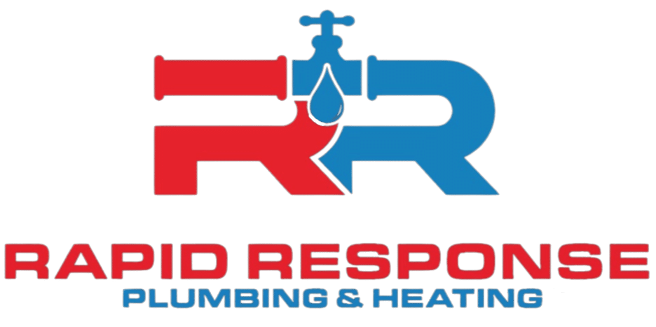 Logo for Rapid Response Plumbing & Heating, featuring "RR" pipes, water droplet, and text.