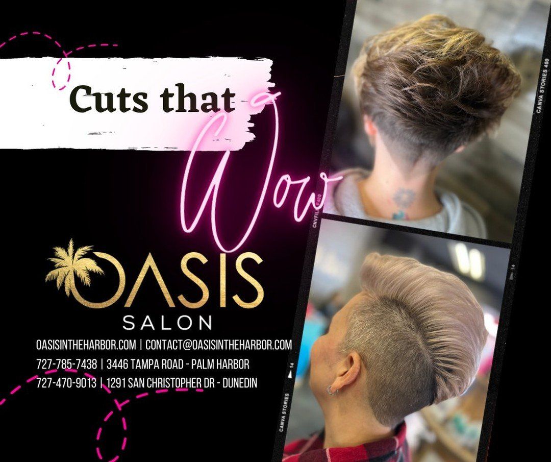 A woman is getting her hair cut at the oasis salon