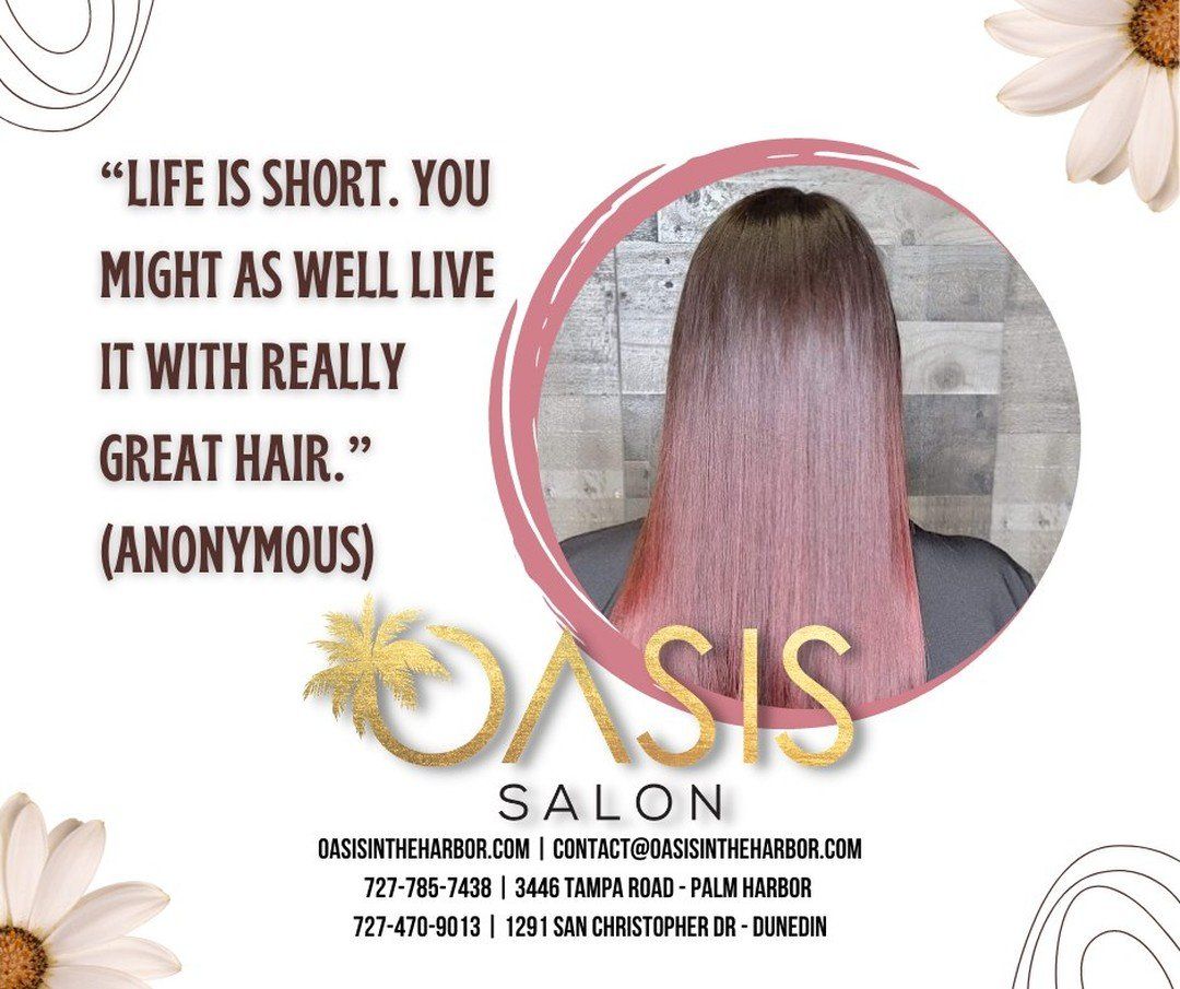 An advertisement for the oasis salon shows a woman with pink hair