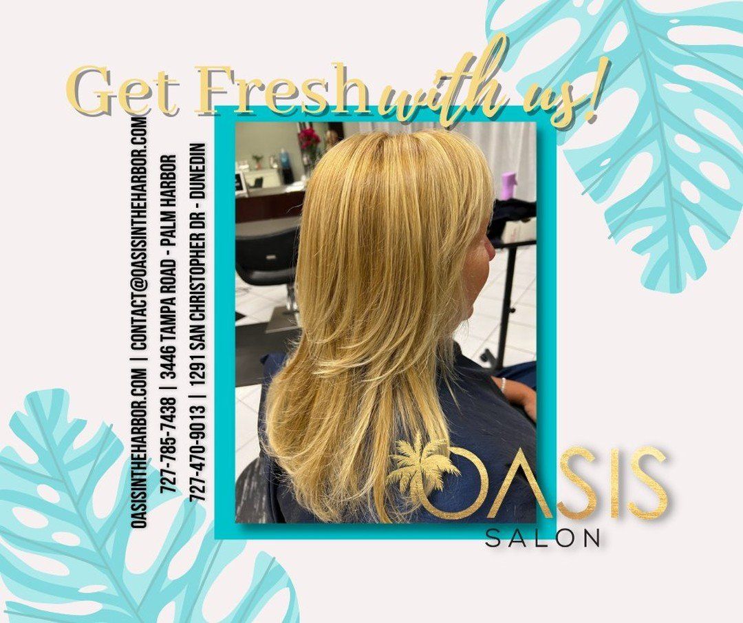 A woman is getting her hair cut at the oasis salon