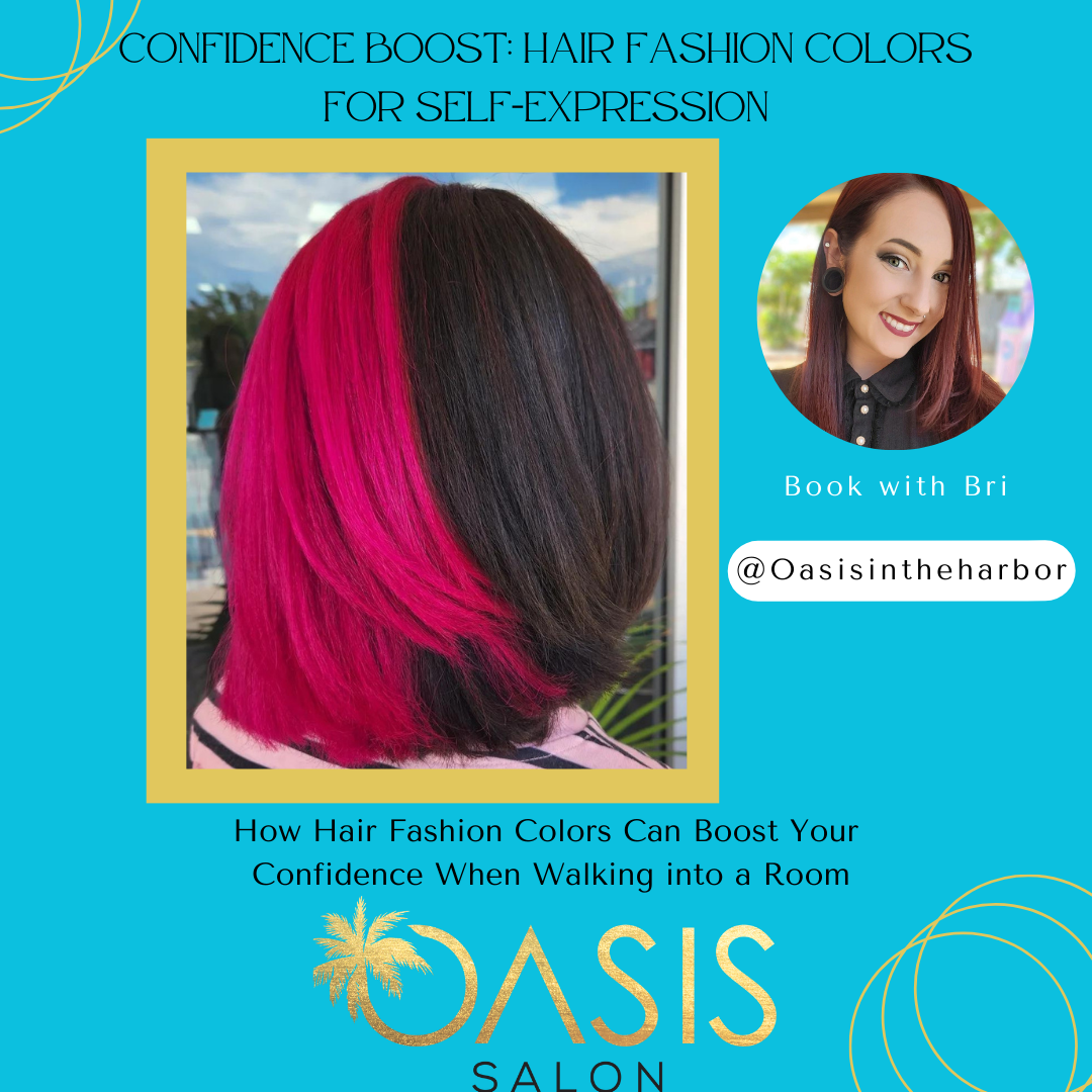 An advertisement for oasis salon shows a woman with pink hair