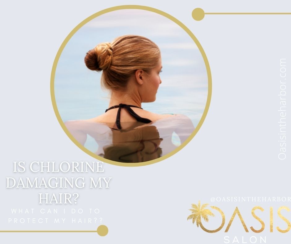 A picture of a woman 's back with the words is chlorine damaging my hair