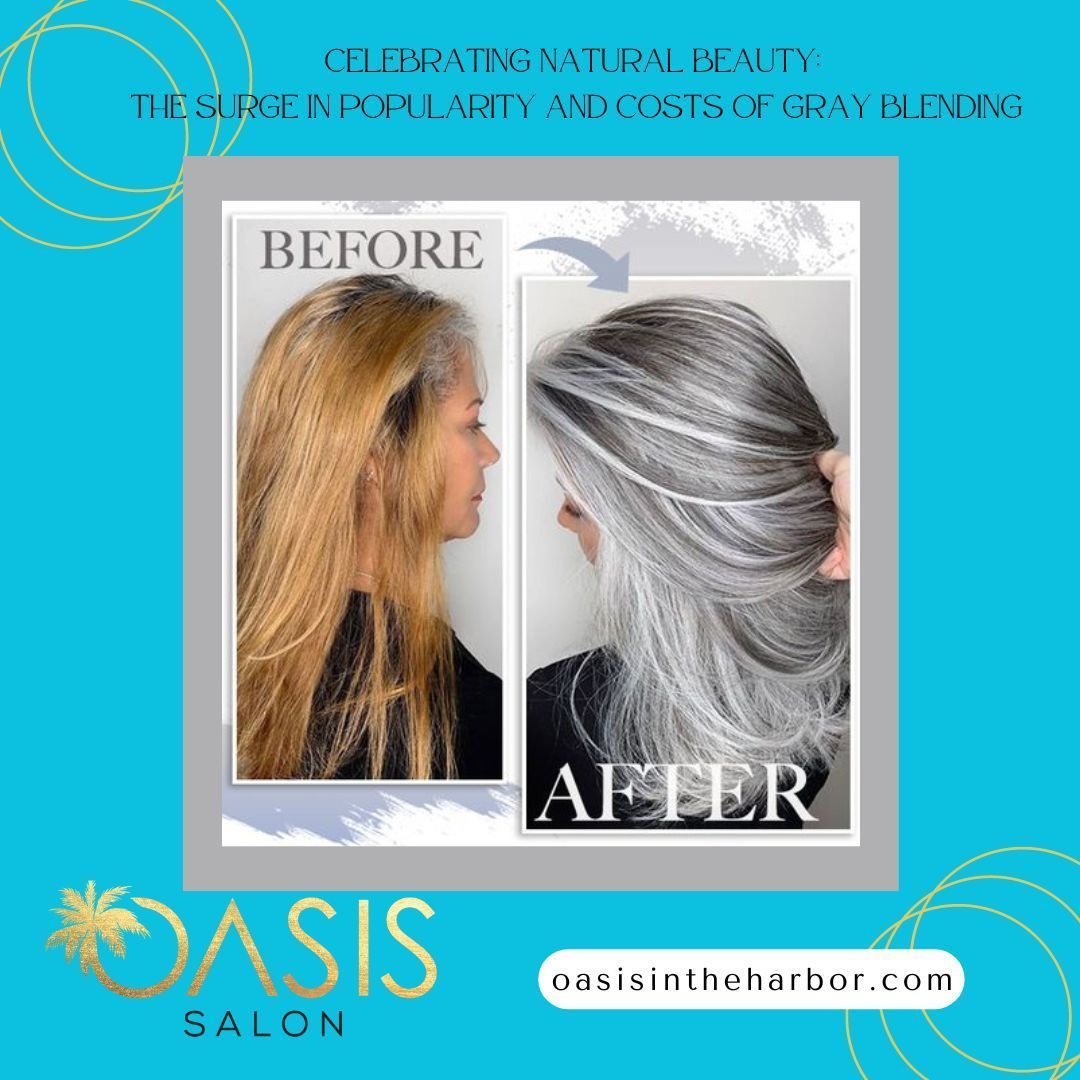 A before and after photo of a woman 's hair at oasis salon
