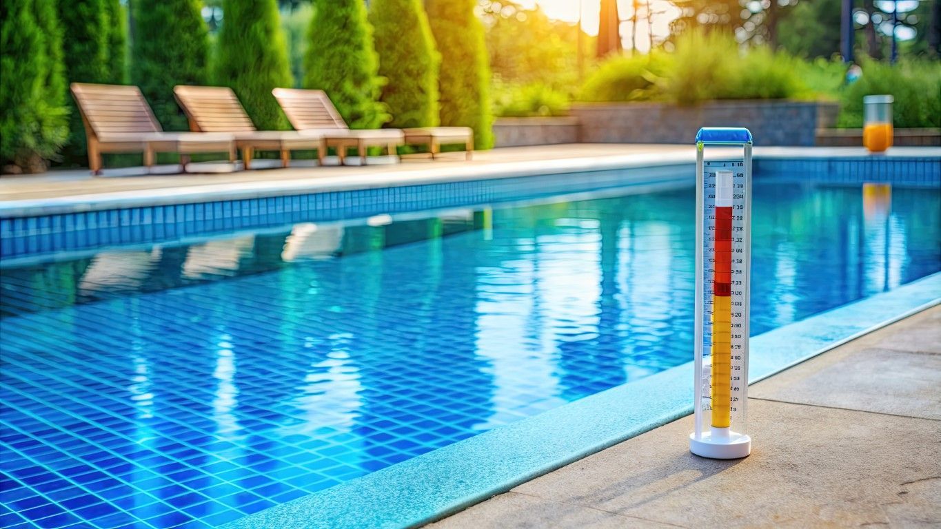 A thermometer is sitting next to a swimming pool.