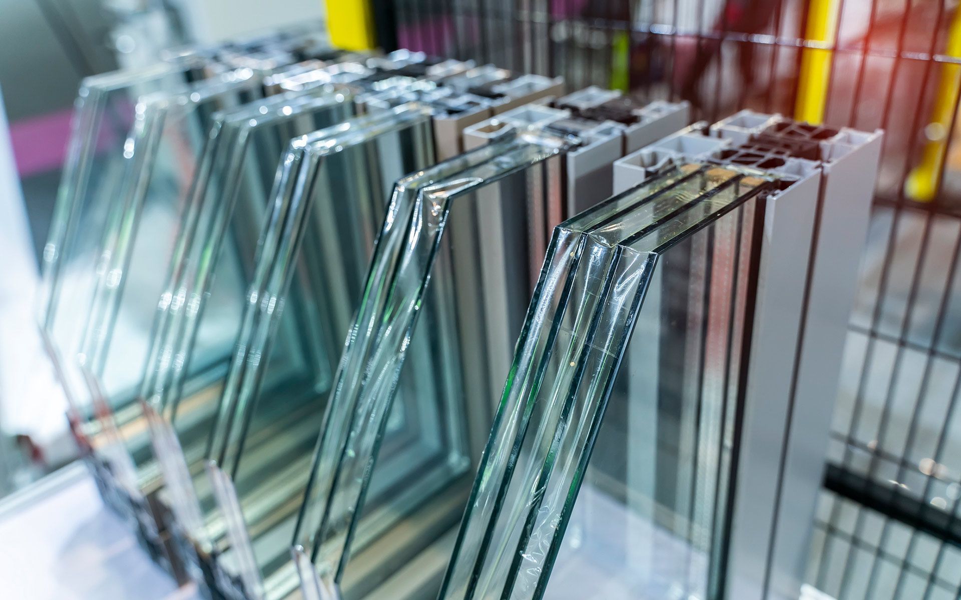 Insulated glass panes stacked for display, showcasing multiple layers and metal framing.