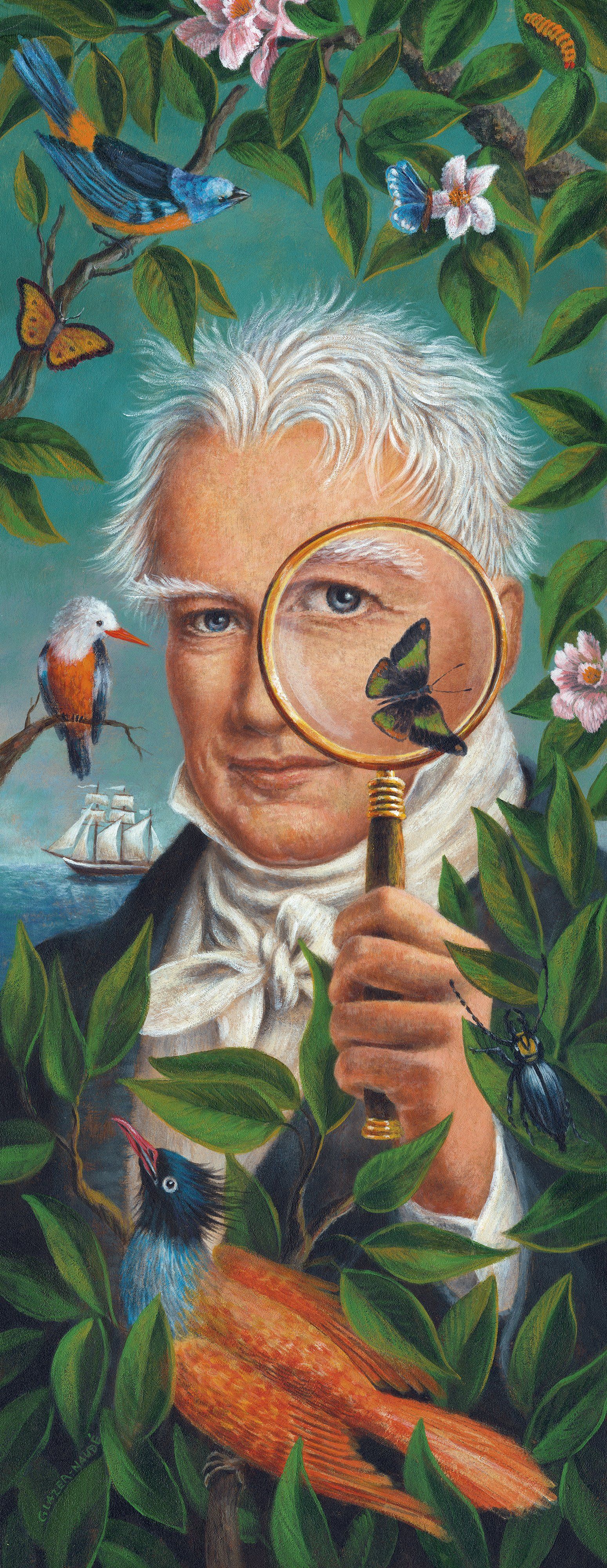 Alexander von Humboldt, South America, Ludvik Glazer-Naudé, Illustration, Digtal art, Calendar / Original: Acrylic on wood Size: 90 x 35 cm