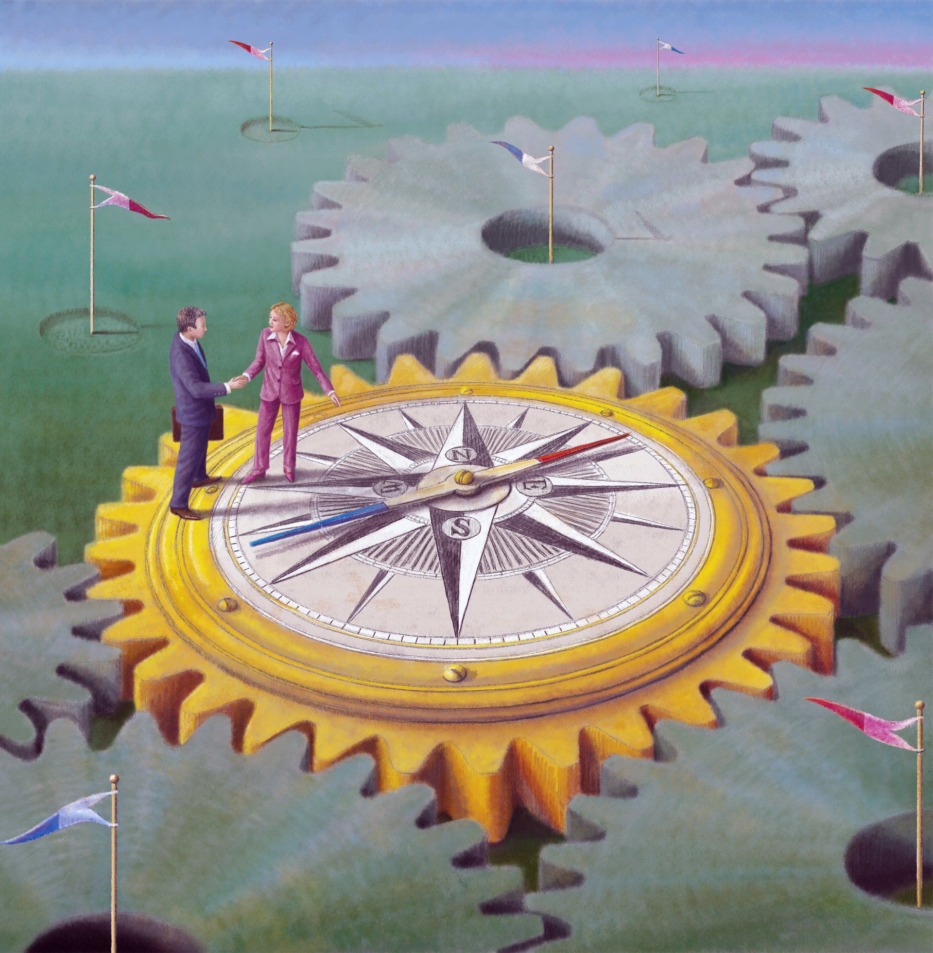 Ludvik Glazer-Naudé, Illustration, verzahnte Weltwirtschaft, Digtal art, Panoramabild, Privatbank, Merck Fink / acrylpainting, adler, acryl, acrylmalerei, landschaft, leuchtturm. immobilien