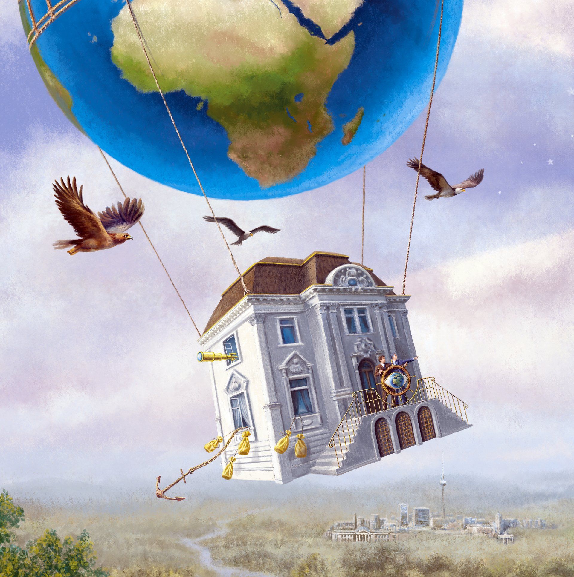 Ludvik Glazer-Naudé, Illustration, Digtal art, Panoramabild, Privatbank, Merck Fink / acrylpainting, adler, landschaft, leuchtturm. immobilien