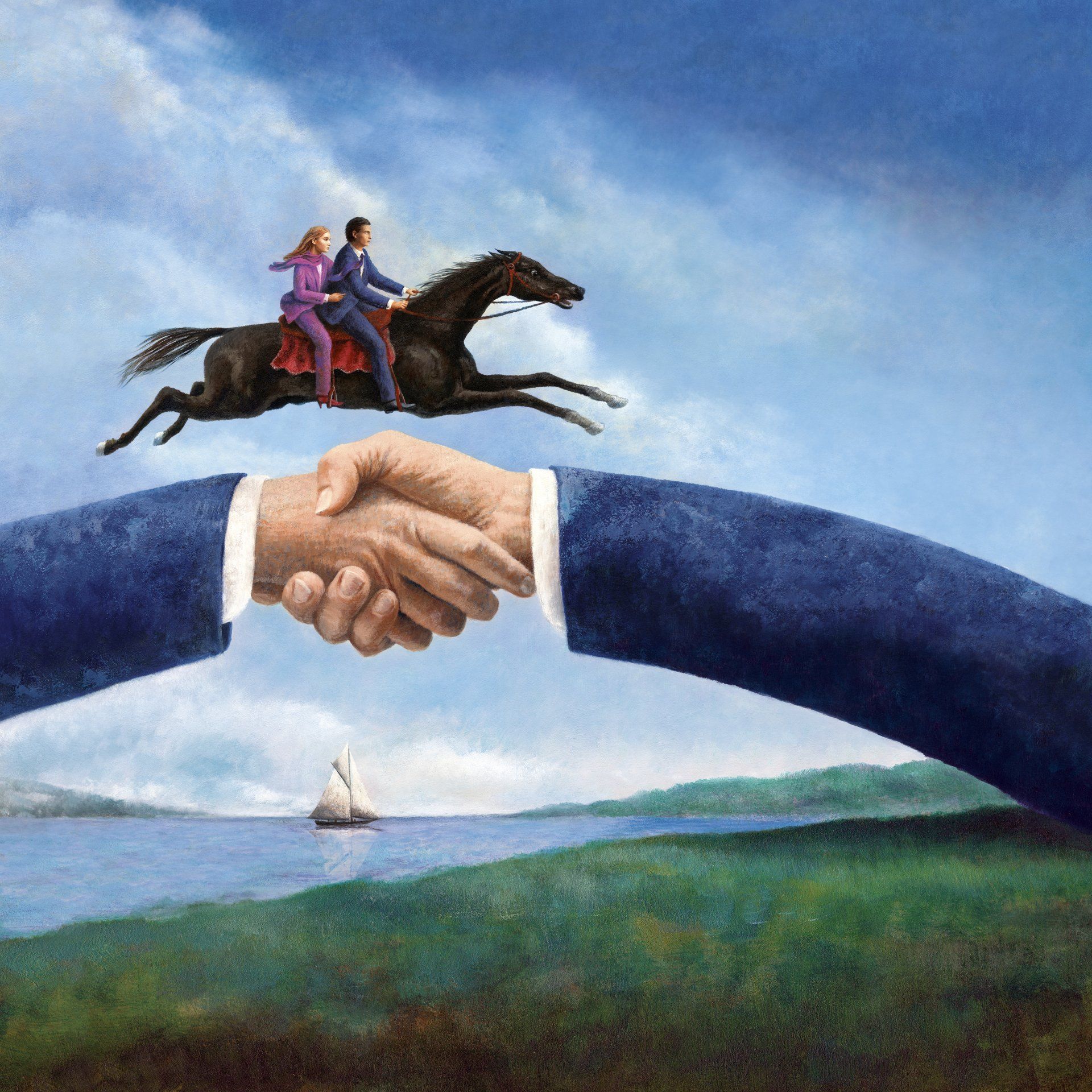 Ludvik Glazer-Naudé, Weltmarkt unter Beobachtung, Anzeigenmotiv, Privatbank Merck Fink,Illustration, Digtal art, Panoramabild, Privatbank, Merck Fink / acrylpainting, adler, acryl, acrylmalerei, Finanzen, Vertrauen in die Partnerschaft, landschaft, leuchtturm. immobilien