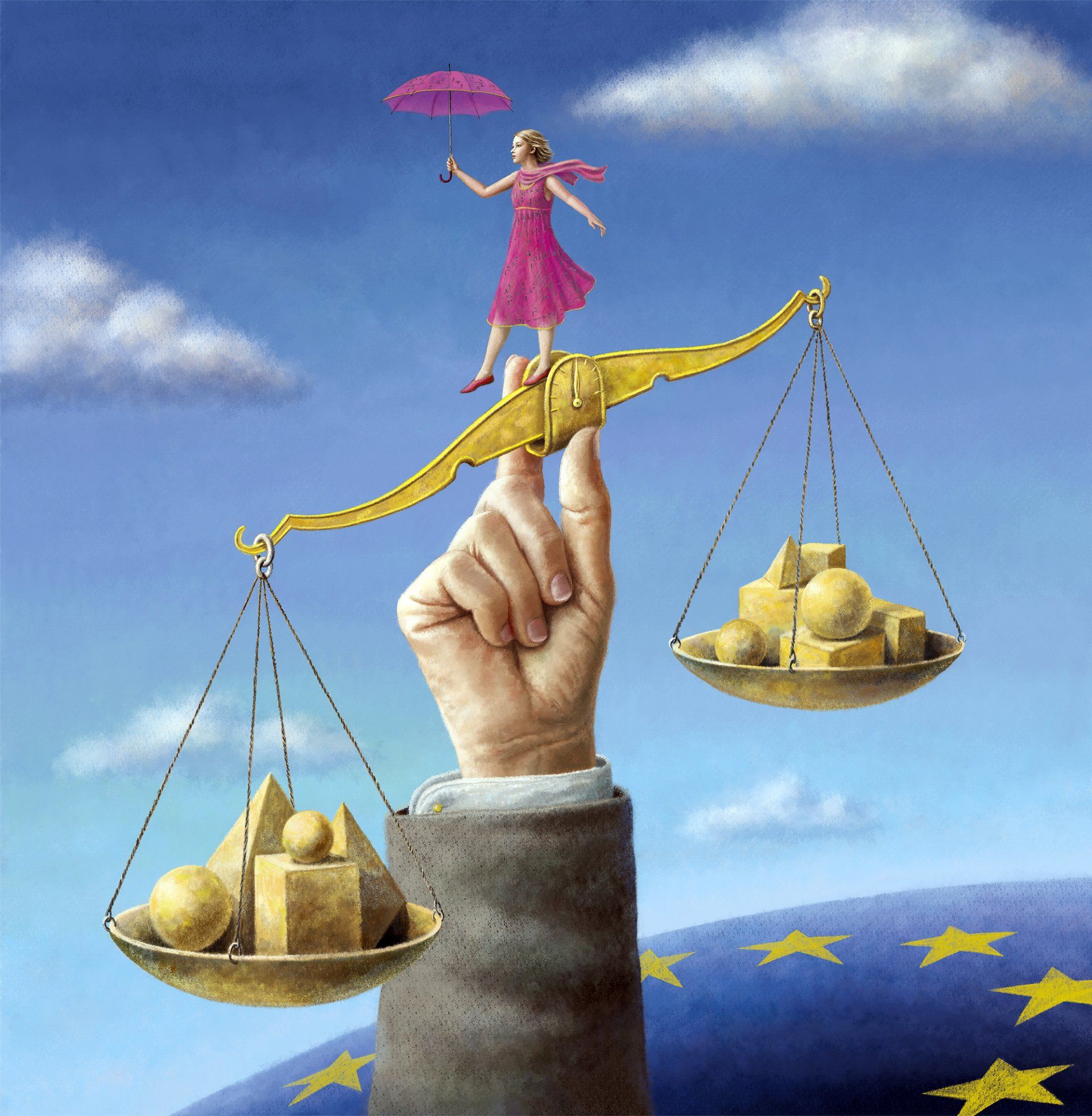 wage, Formel, balance, Aktien… / Anzeigenmotiv / Privatbank Merck Fink / Acryl auf Holz, 70 x 70 cm