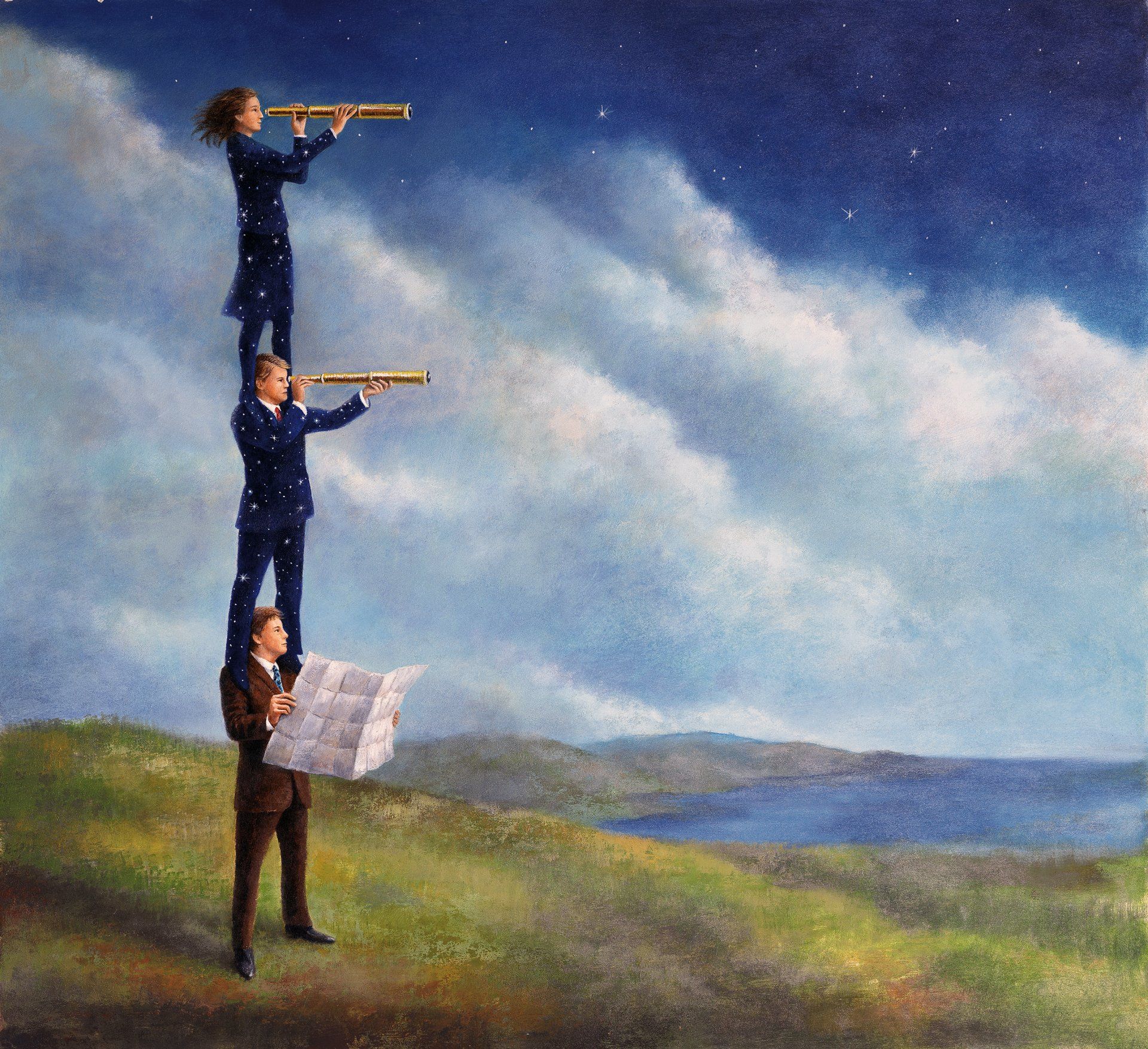 Ludvik Glazer-Naudé, Weitblick, Illustration, Digtal art, Panoramabild, Privatbank, Merck Fink / acrylpainting, adler, acryl, acrylmalerei, landschaft, leuchtturm. immobilien