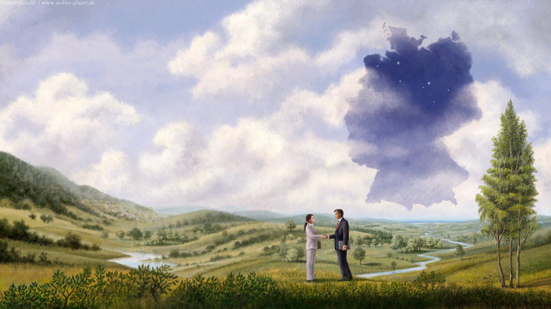 Ludvik Glazer-Naudé, Illustration, Digtal art, Panoramabild, Privatbank, Merck Fink / acrylpainting, adler, acryl, acrylmalerei, landschaft, leuchtturm. immobilien