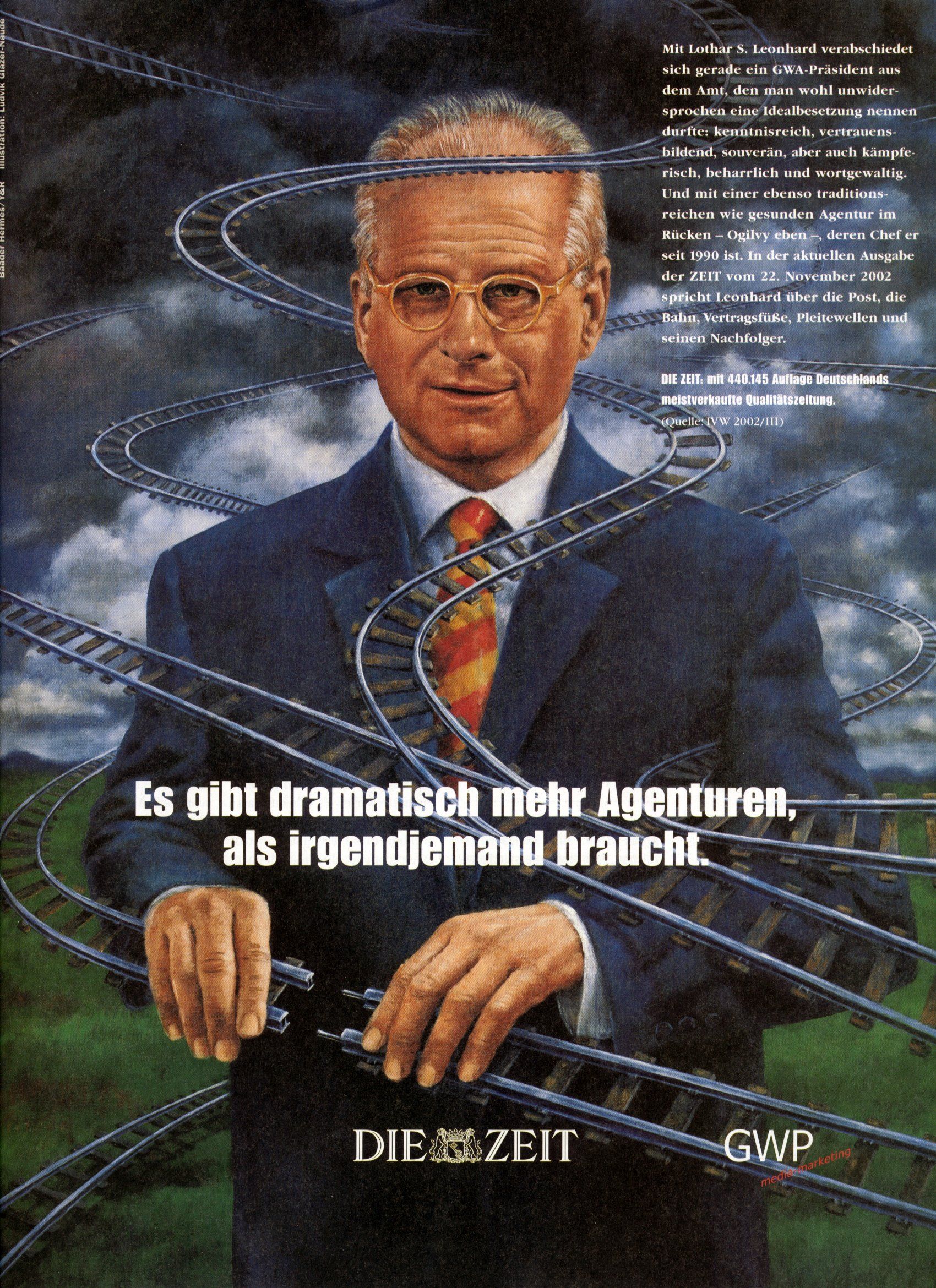 Lothar Leonhard from the advertising agency OGILVY / Idea and illustration for DIE ZEIT advertising campaign / Ludvik Glazer-Naudé / original: acrylic painting on wood, 100 x 70 cm