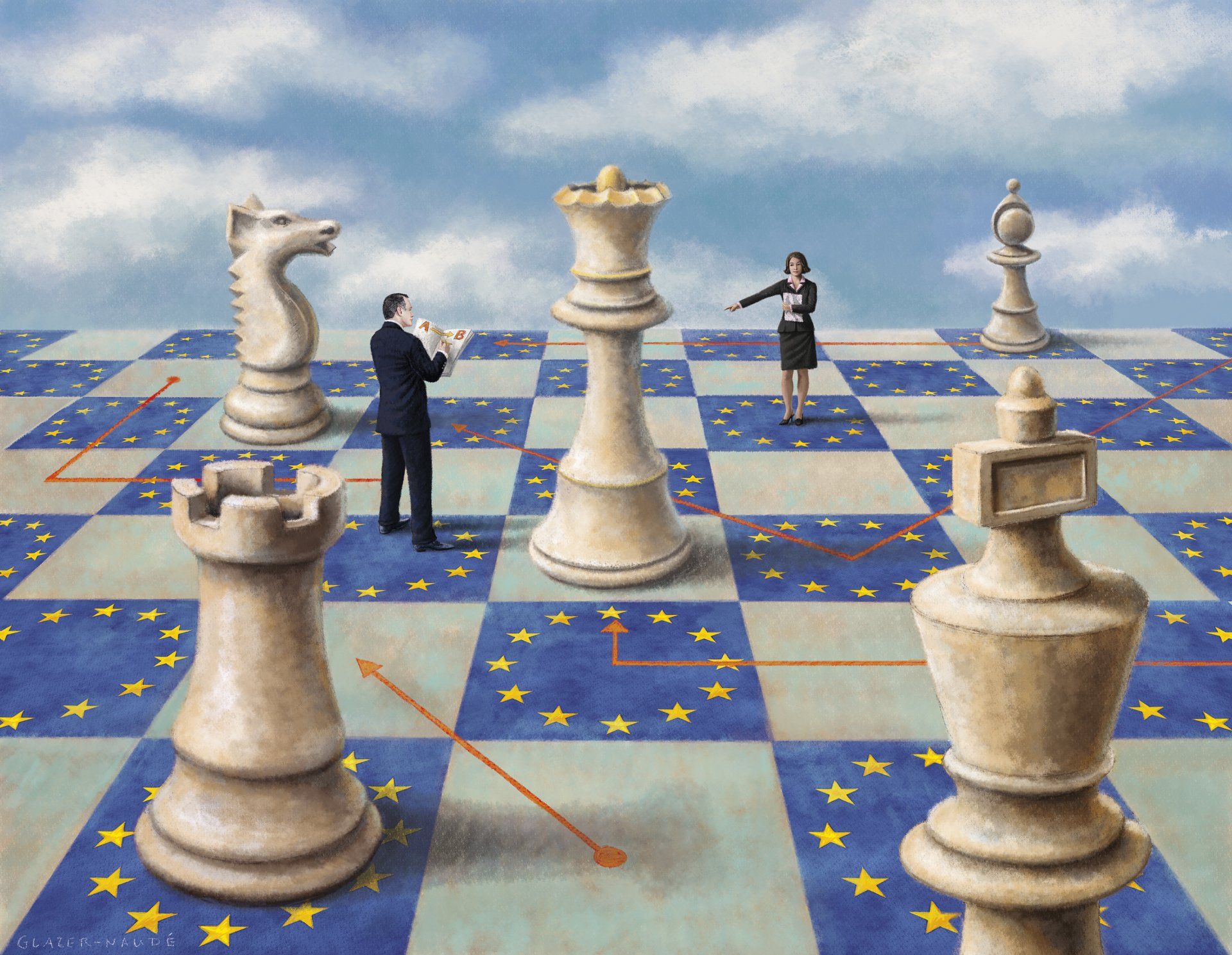 Ludvik Glazer-Naudé, Euro-Strategie, Illustration, Digtal art, Panoramabild, Privatbank, Merck Fink / acrylpainting, adler, acryl, acrylmalerei, landschaft, leuchtturm. immobilien
