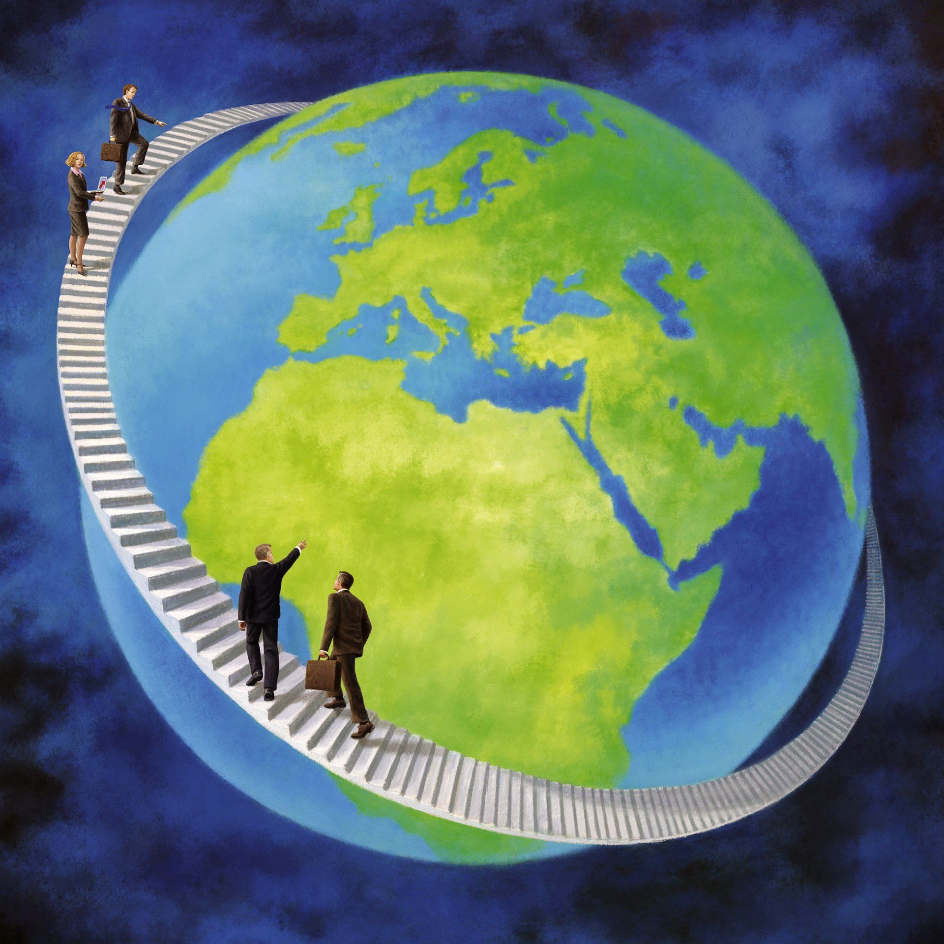 Ludvik Glazer-Naudé, Weltmarkt unter Beobachtung, Anzeigenmotiv, Privatbank Merck Fink,Illustration, Digtal art, Panoramabild, Privatbank, Merck Fink / acrylpainting, adler, acryl, acrylmalerei, landschaft, leuchtturm. immobilien