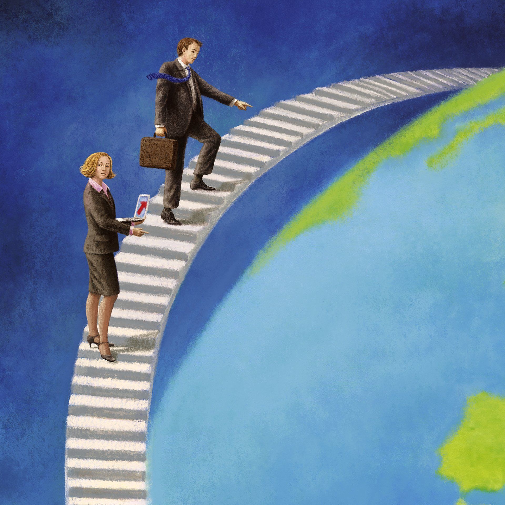 Ludvik Glazer-Naudé, Weltmarkt unter Beobachtung, Anzeigenmotiv, Privatbank Merck Fink,Illustration, Digtal art, Panoramabild, Privatbank, Merck Fink / acrylpainting, adler, acryl, acrylmalerei, Finanzen, landschaft, leuchtturm. immobilien