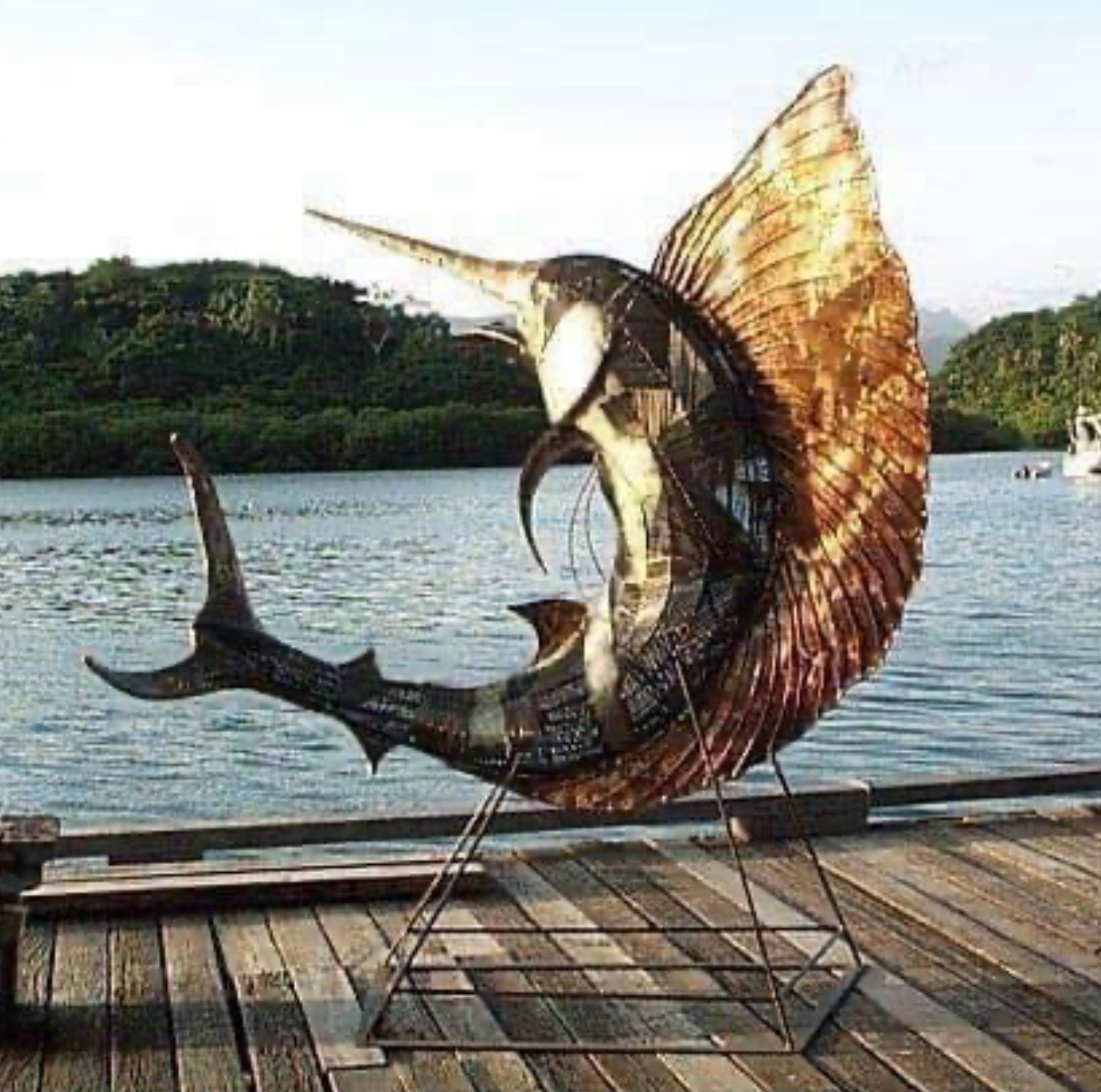 Life size flying marlin in copper and other metals by Shane Bower, Fiji 