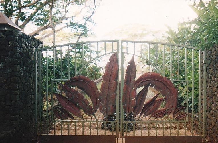 Gate with copper fashioned banana leaves by Shane Bower Fiji 