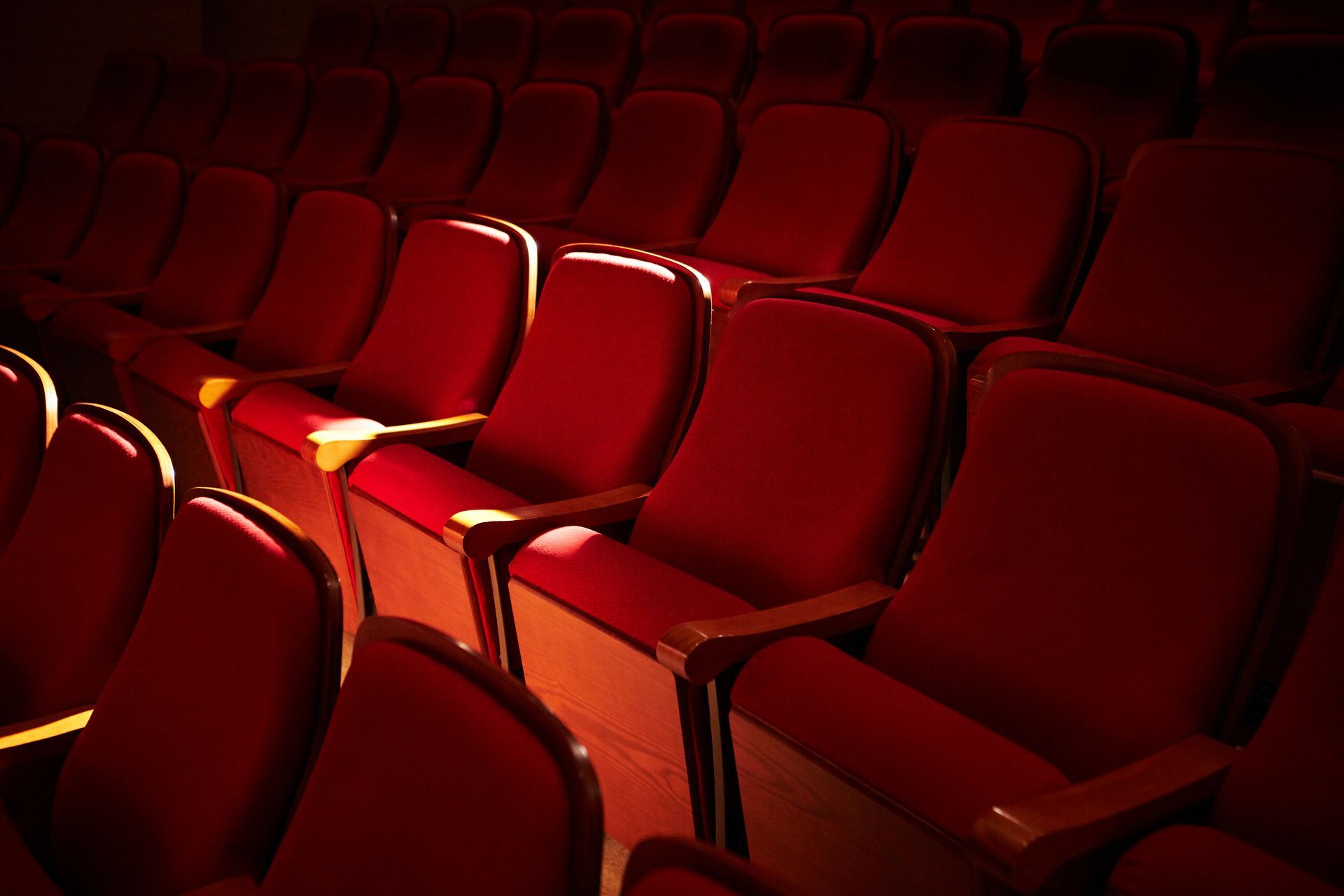 Rows of red seats in a dark auditorium