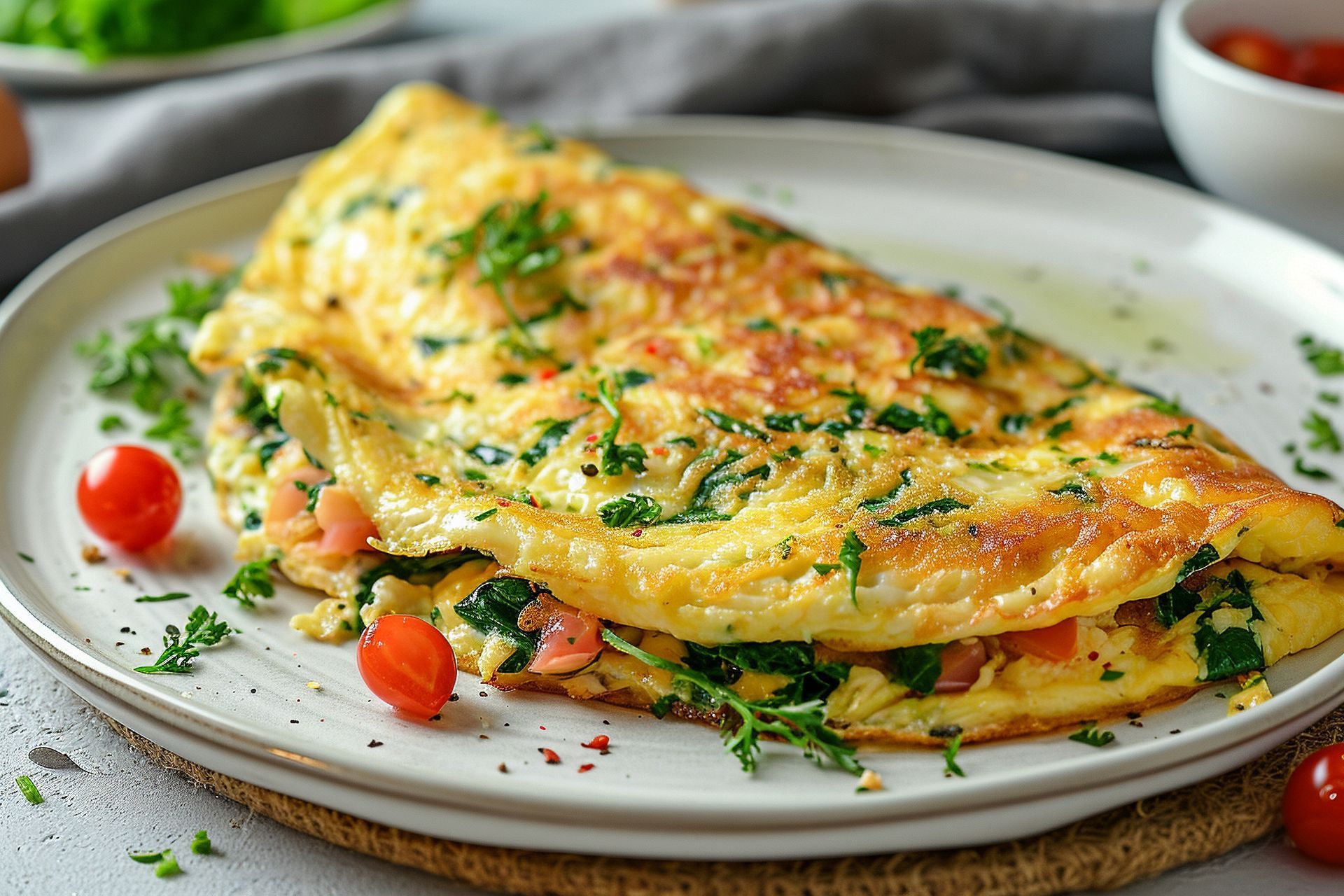 An omelet with spinach , tomatoes and parsley on a white plate.