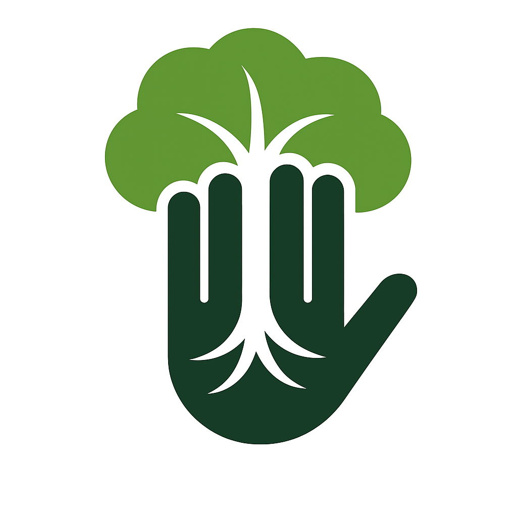 Una mano sostiene un árbol con raíces.