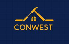 Logo for Vanguard Construction: Yellow house outline with tools, blue and yellow color scheme.