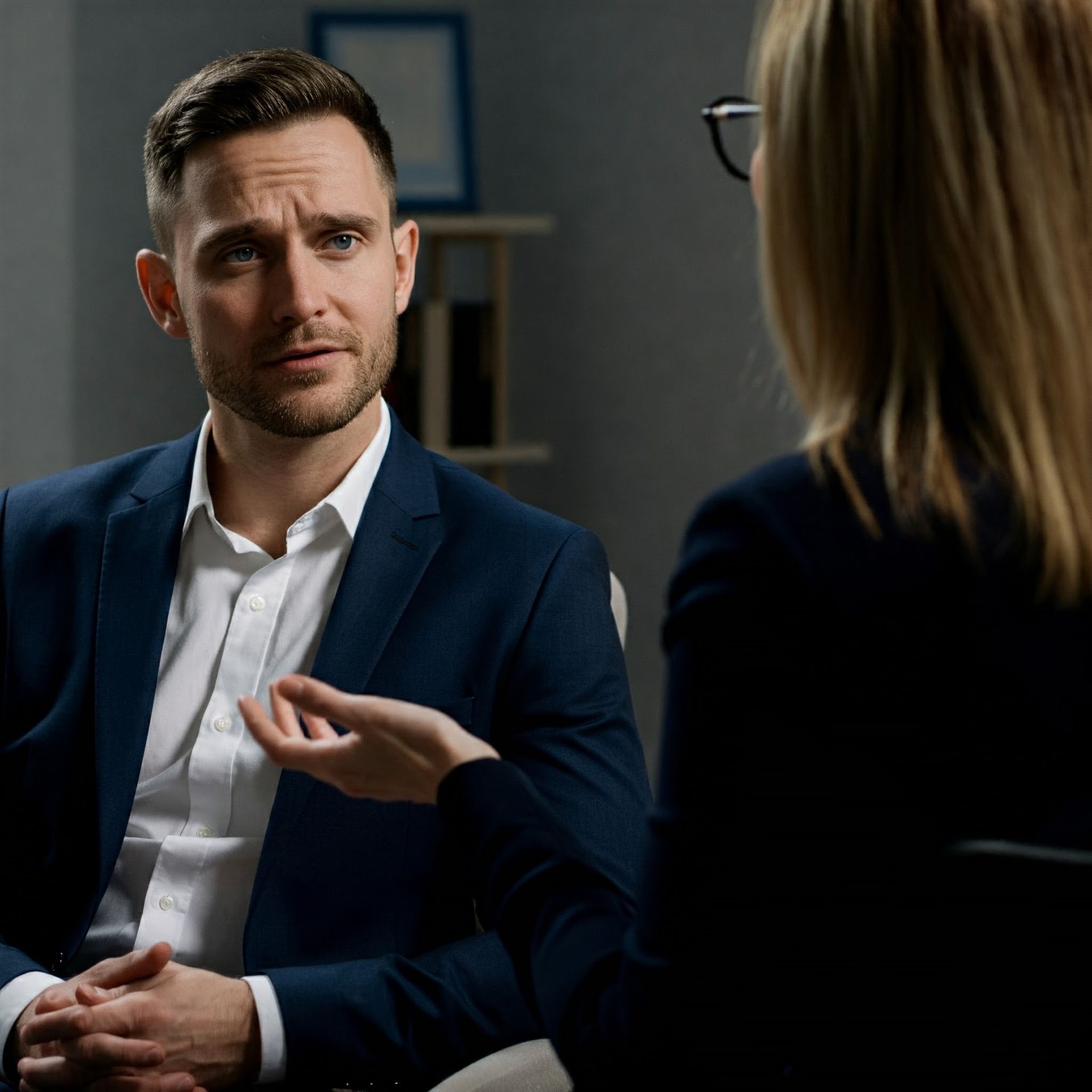 A young executive male is listening to his female colleague in an open manner while facing her.